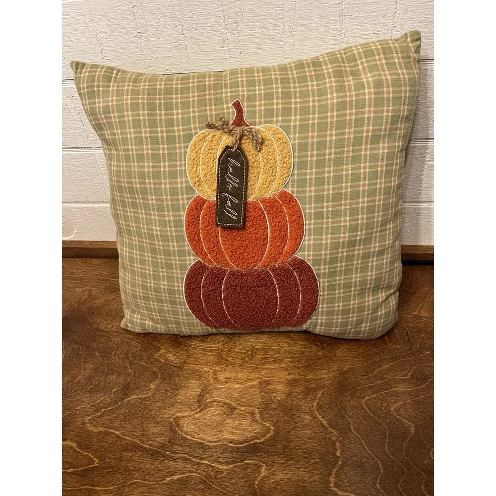 Fall throw Pillow w/ 3 Stacked Pumpkins Plaid Background 